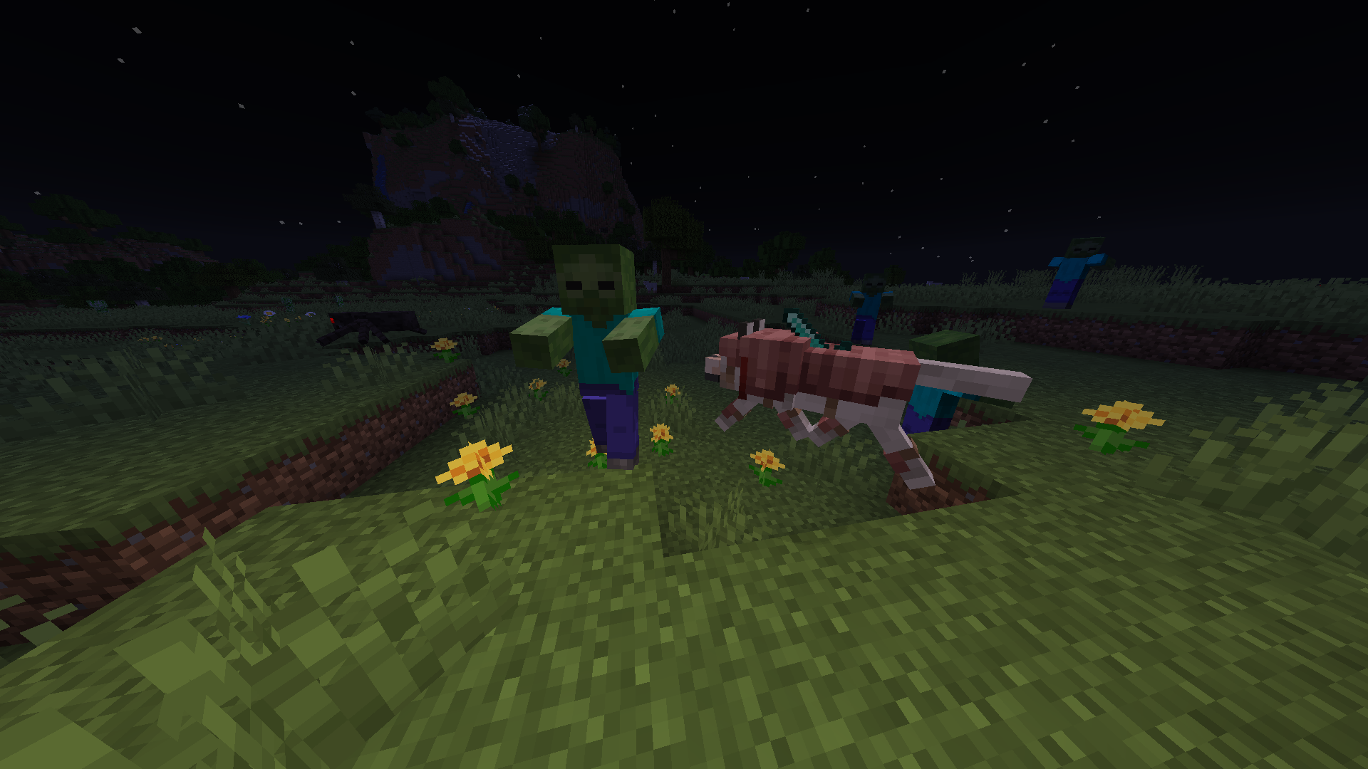 A dog attacking a zombie with a diamond sword