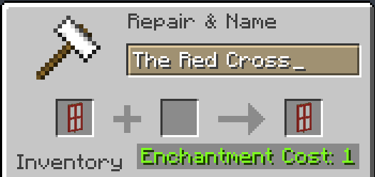 A screenshot of the anvil menu from Minecraft. It displays a white banner with a red cross being renamed in the anvil to "The Red Cross".