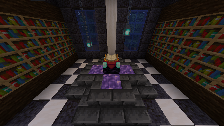 An enchanting table is featured in the middle of a room, receiving enchanting power from books further away than is possible in vanilla Minecraft.