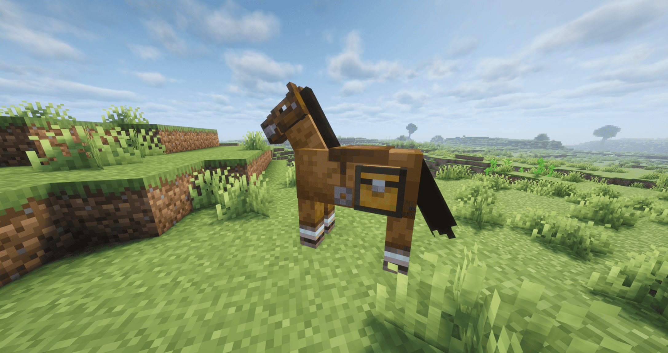 A horse with a chest equipped