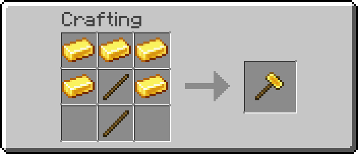 Crafting recipe for a golden hammer made with five gold ingots surrounding two sticks in the center column