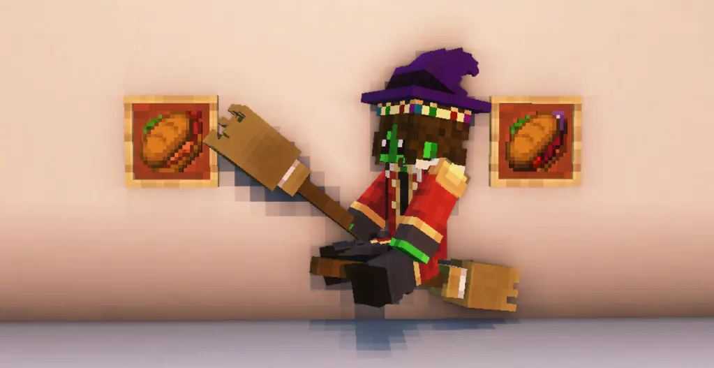 Player with a Witch hat on a Broom holding a Broom next to two sandwiches