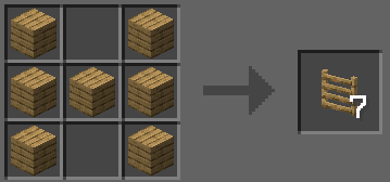 Oakplanks in an H shape inside a 3x3 crafting grid, producing 7 Oak Plank Ladders