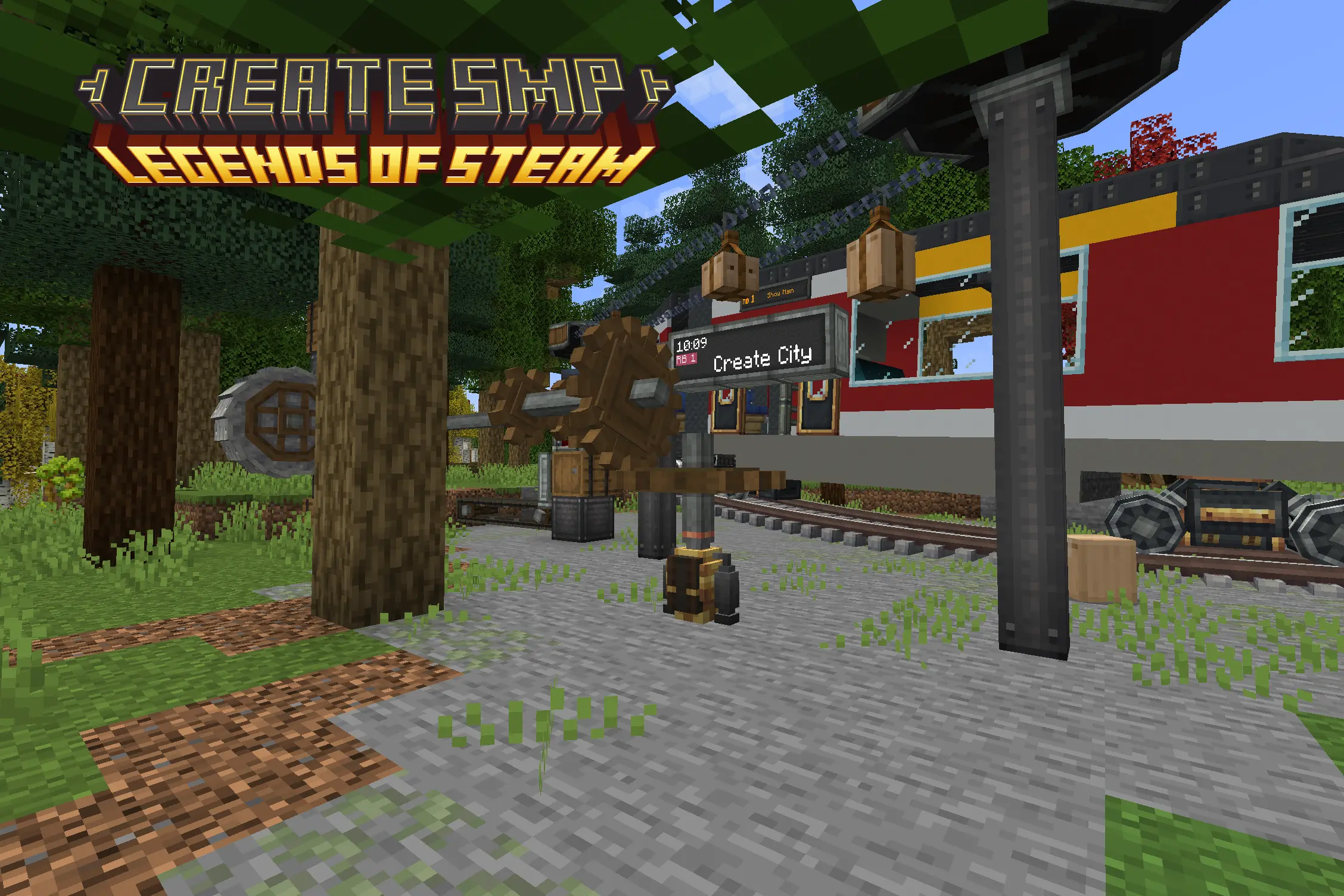 This is the banner of Create: Legends of Steam. The ingame screenshot was taken in a maple forest with a train in the background and some Create Stuff in the foreground.