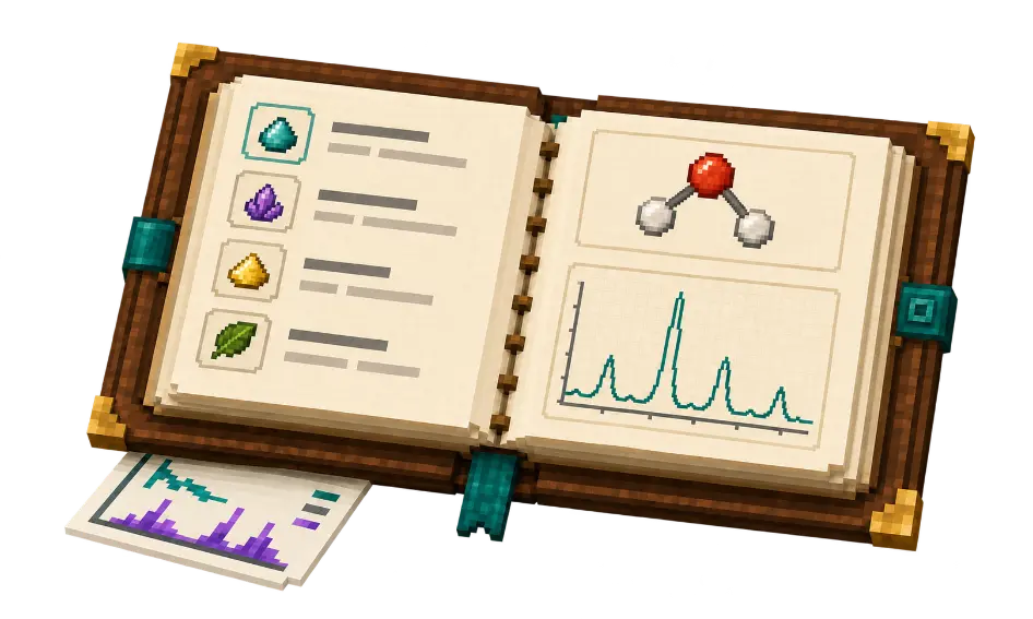 An open block-art Lab Notebook based on the in-mod cream, brown, brass, and teal design, displaying samples, a molecule, and a chromatogram