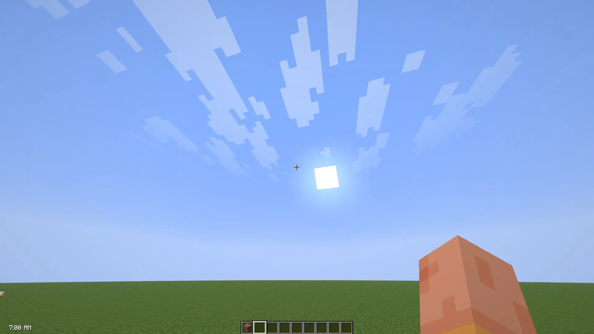 Empty superflat world with time of day in corner, 7:00 AM.