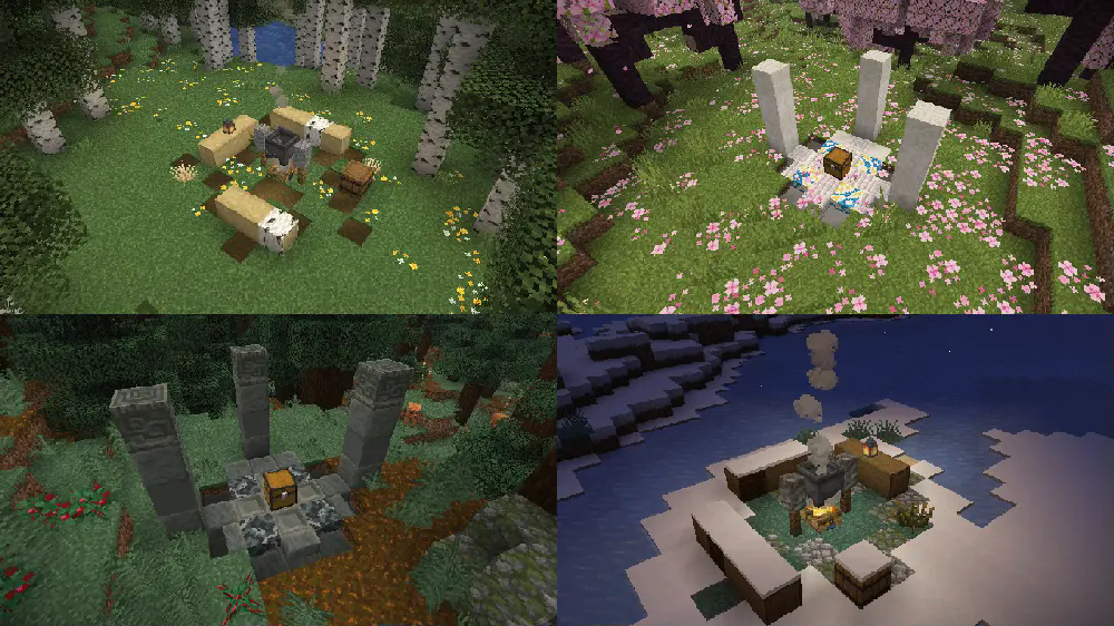 Four different structures included in Vanilla++. Going clockwise from the top left: Birch Campsite, Pale Monument, Snowy Campsite, Tuff Monument.