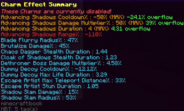 An example charm stat menu display