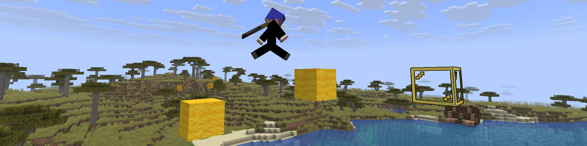 A minecraft player jumping between two blocks floating in the air
