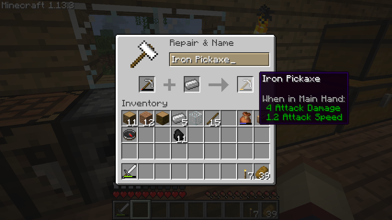 Player repairs their iron pickaxe in an anvil.