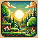 the Logo for Vesper's Vanilla Enhanced, It is a pixel art of a Minecraft landscape with a setting sun