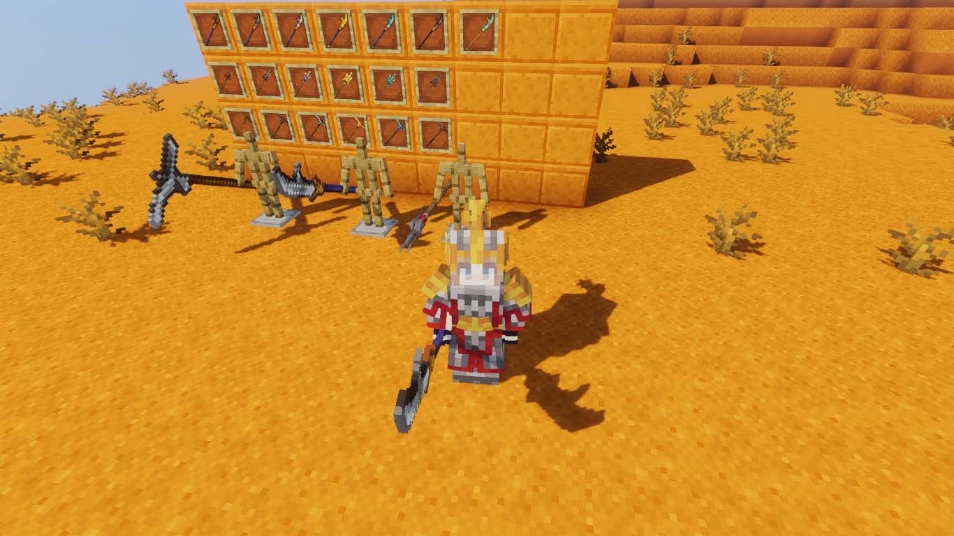 Desert scene: Xiris stands in the center wearing Chinese armor and holding a Chinese weapon, with a display rack full of Chinese weapons behind him.