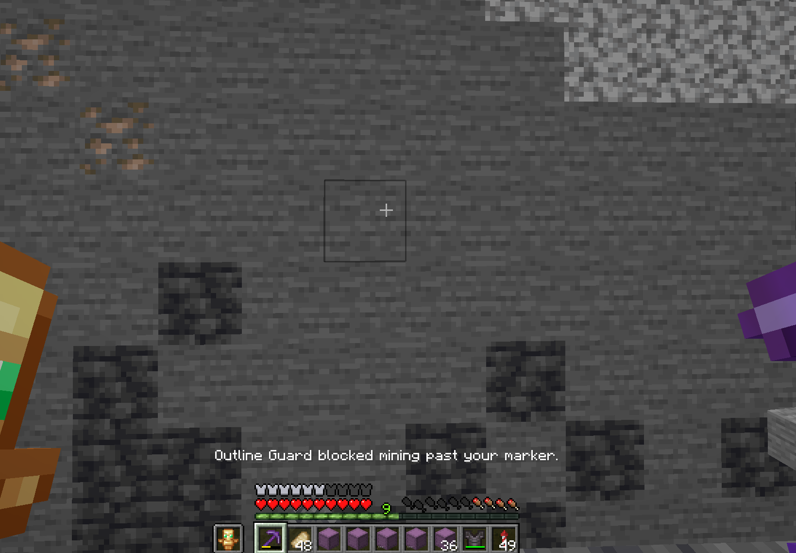 Here is an example of what happens when you attempt to mine blocks that are below your marker block.