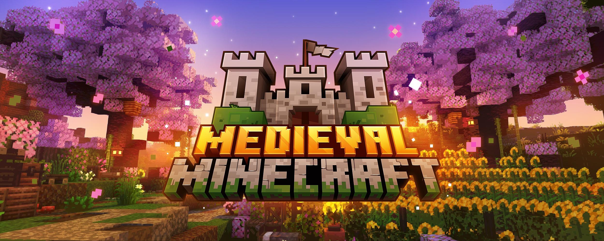 In gold and grey text, "MEDIEVAL MINECRAFT" is displayed infront of a screenshot of the Minecraft Overworld. The background image has a tree with purple leaves on both sides.