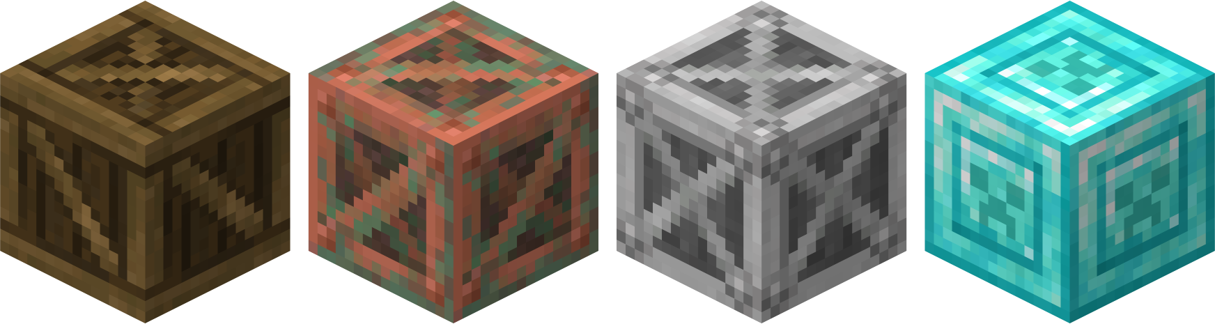 Wooden, Copper, Iron, and Diamond Crates respectively