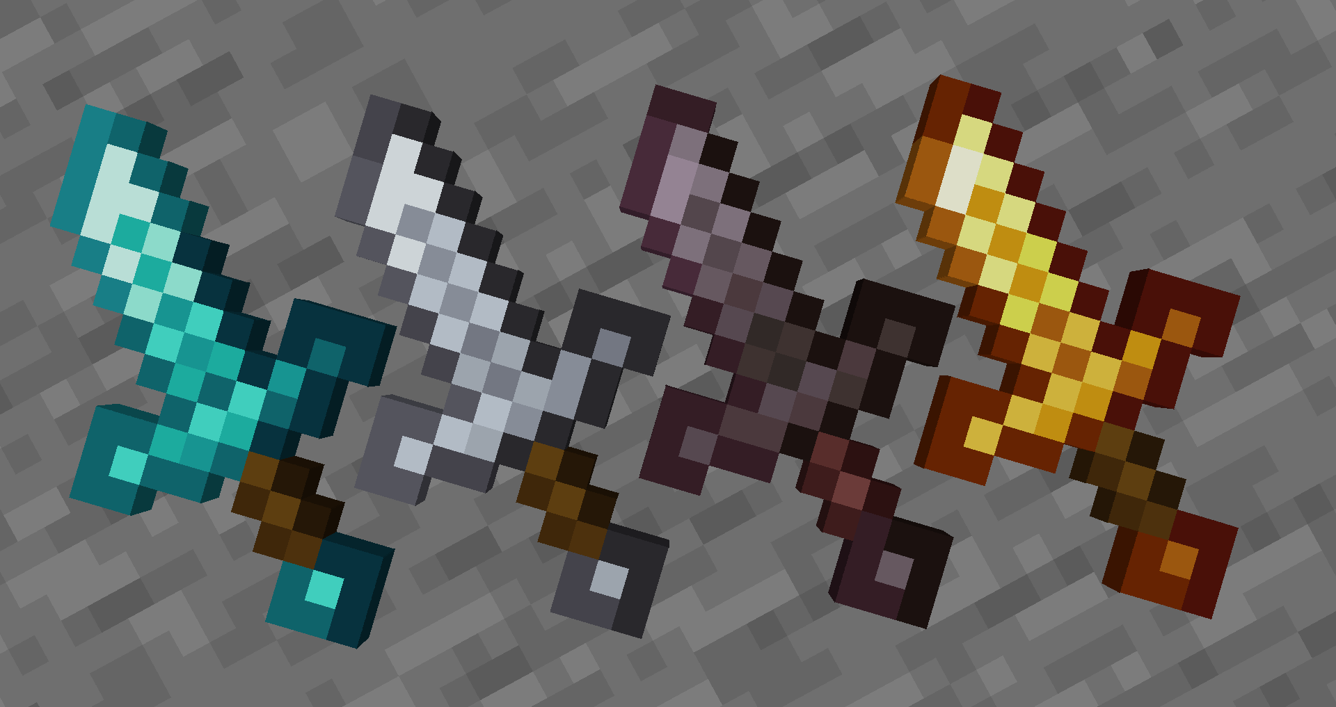 Diamond, Iron, Netherite, and Gold swords showcased