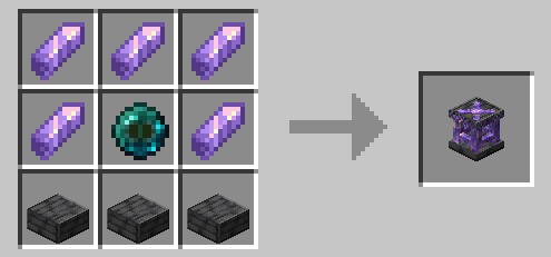 Crafting recipe. Top row: three amethyst shards. Middle row: an amethyst shard, an Eye of Elsewhere, an amethyst shard. Bottom row: three polished deepslate slabs. Yields one Resonator.