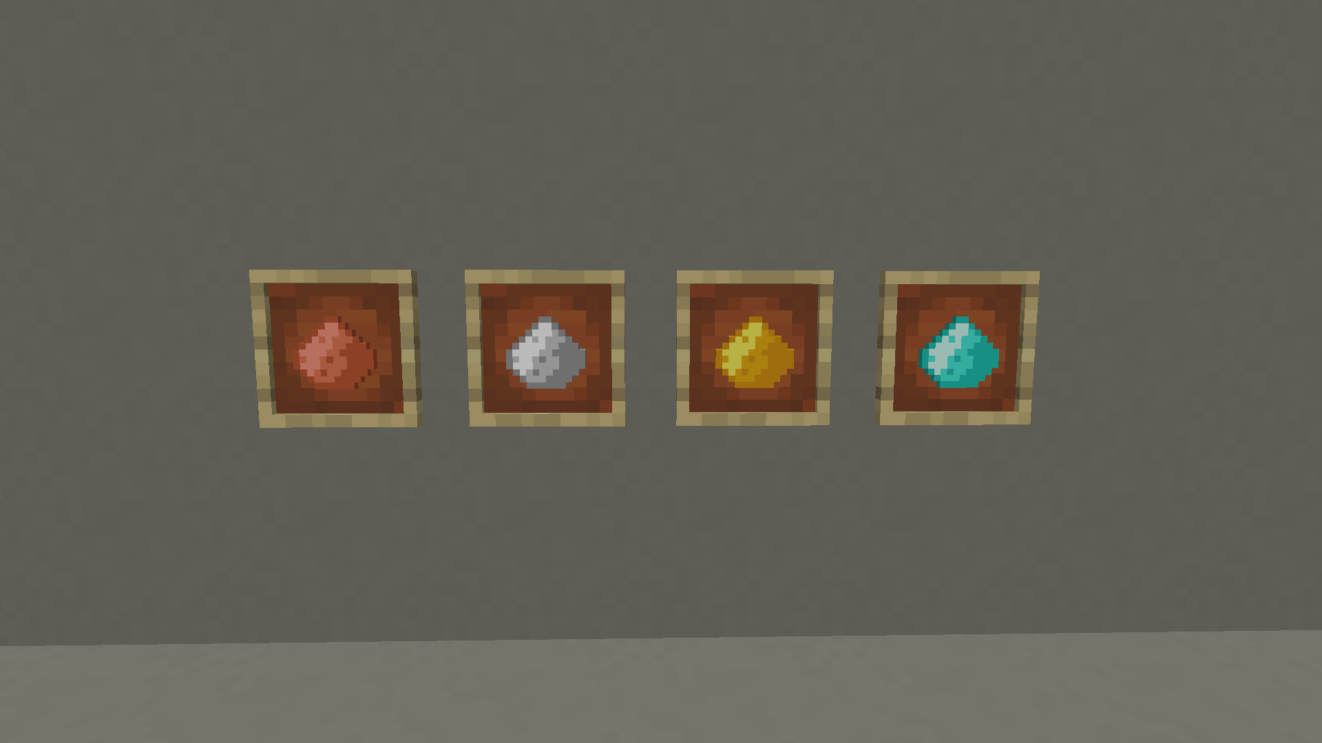 Copper, iron, gold, and diamond dust, all in item frames