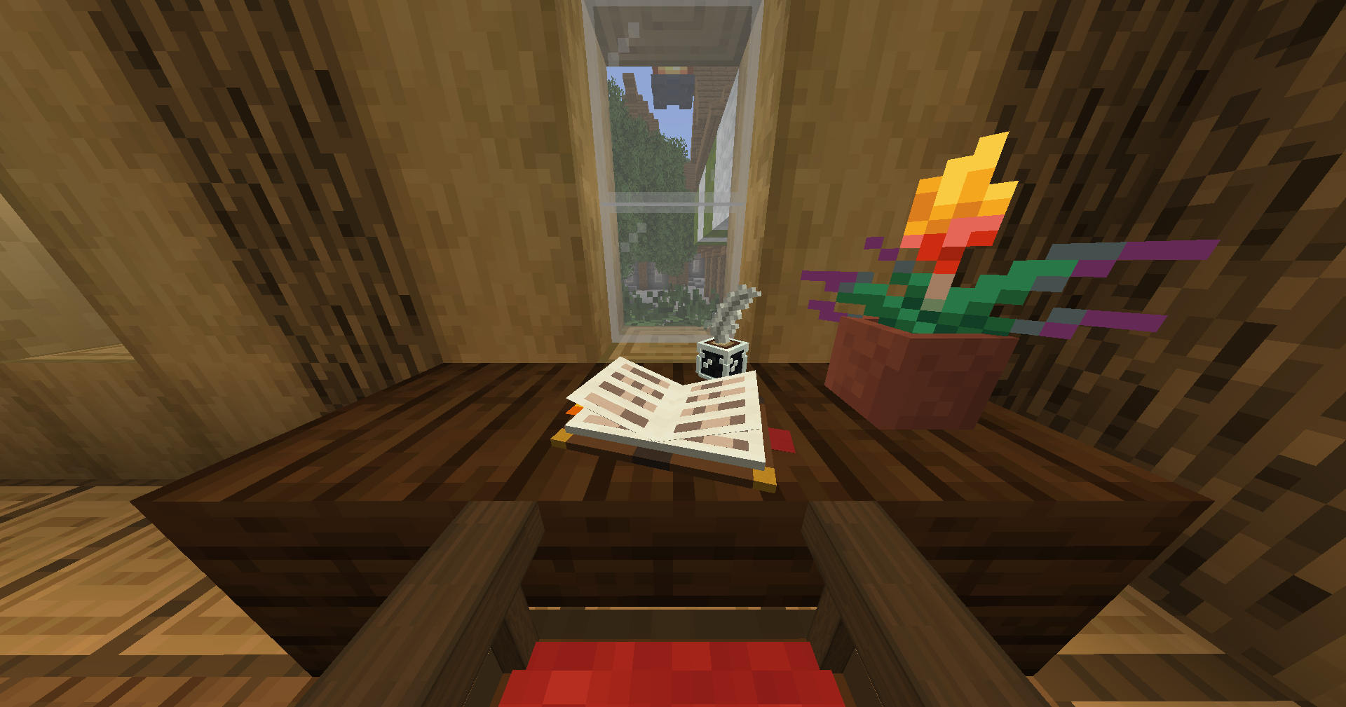 This Minecraft screenshot features the Scribe's Set displayed on a wooden desk, showcasing its use as a detailed interior decoration.