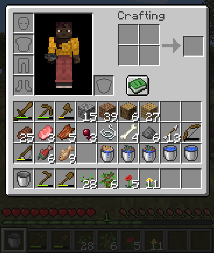 The same inventory after hitting the swapbar key. The inventory now has Farming items in the hotbar/4th row, fishing items in the 3rd row, mob items in the 2nd row, and tools and blocks in the top/first row.