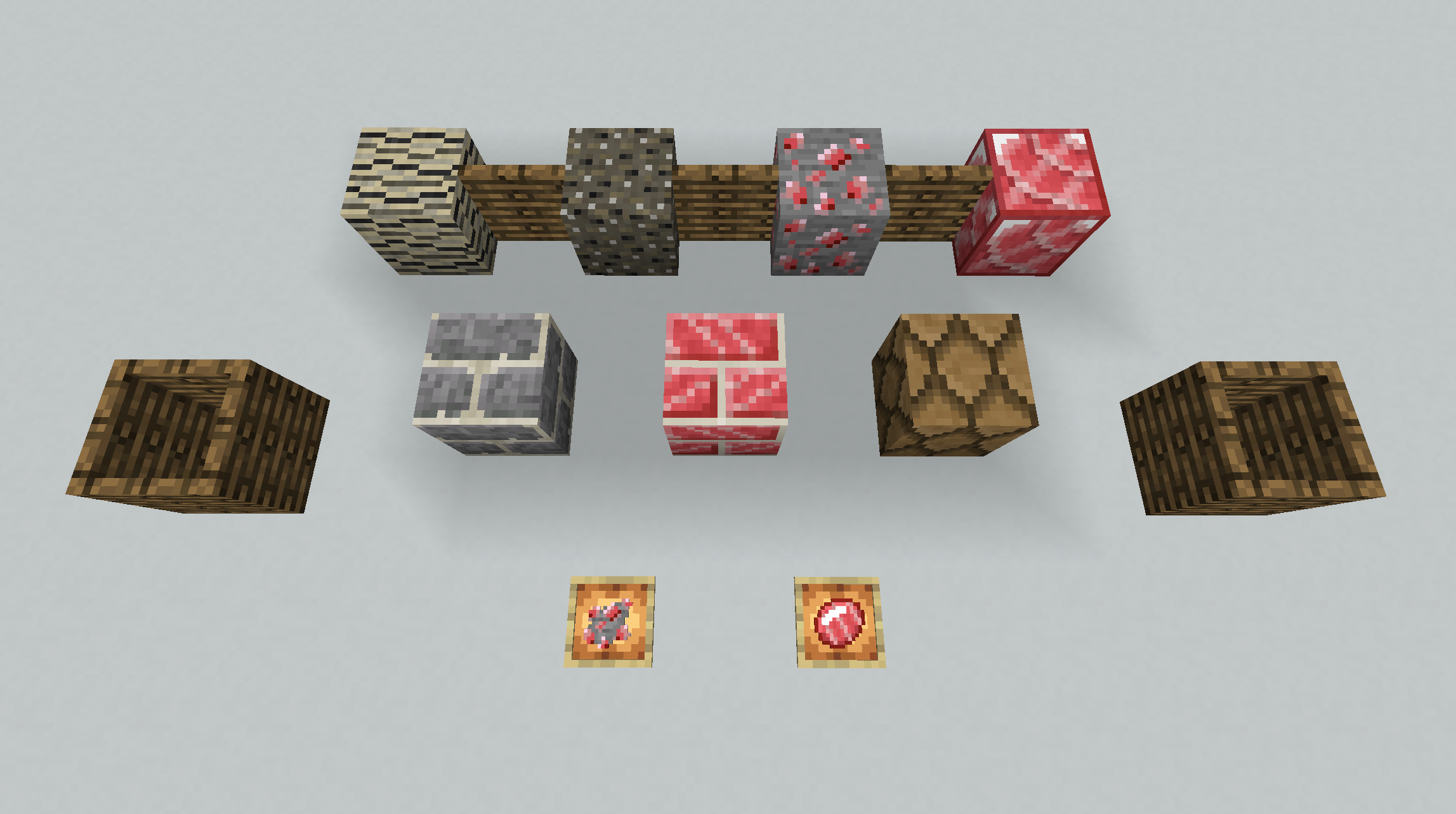 Gneiss, schist, rhodochrosite ore, polished, bricks, brown scale tiles and wattle