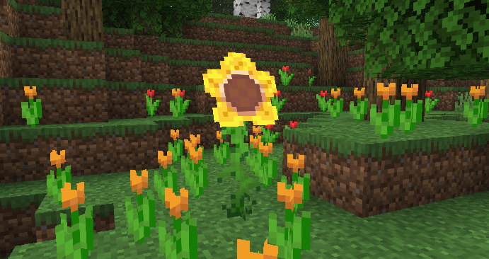 A Badge Flower (resembling a real-life Sunflower) in between a field of Orange Tulips in a Flower Forest