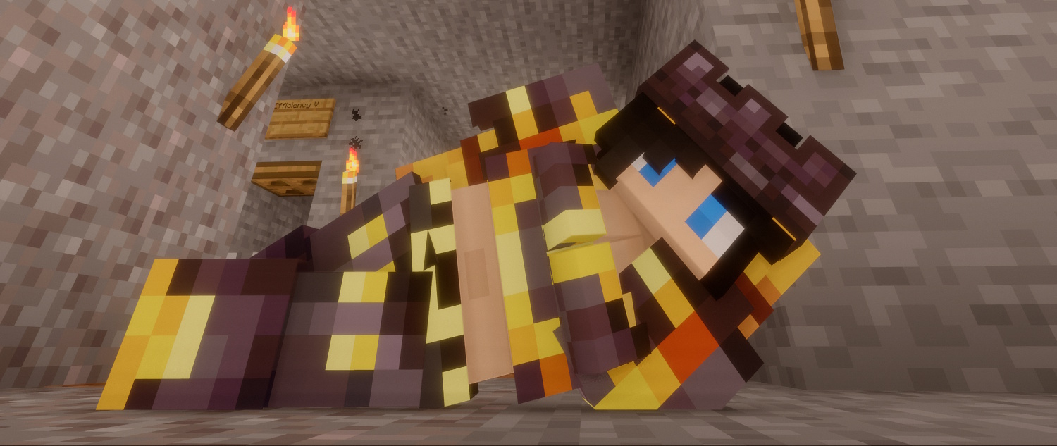 A Minecraft player poses on the ground with a cropped Netherite armor set.
