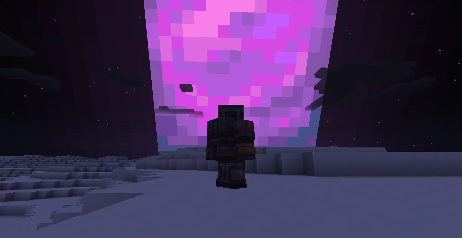 A player is on the planet "Glacio" from Ad Astra and is looking at the purple moon