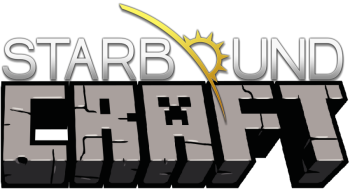 A logo image combining the logo from the game Starbound with the one from the game Minecraft, making the two logos spell out Starboundcraft