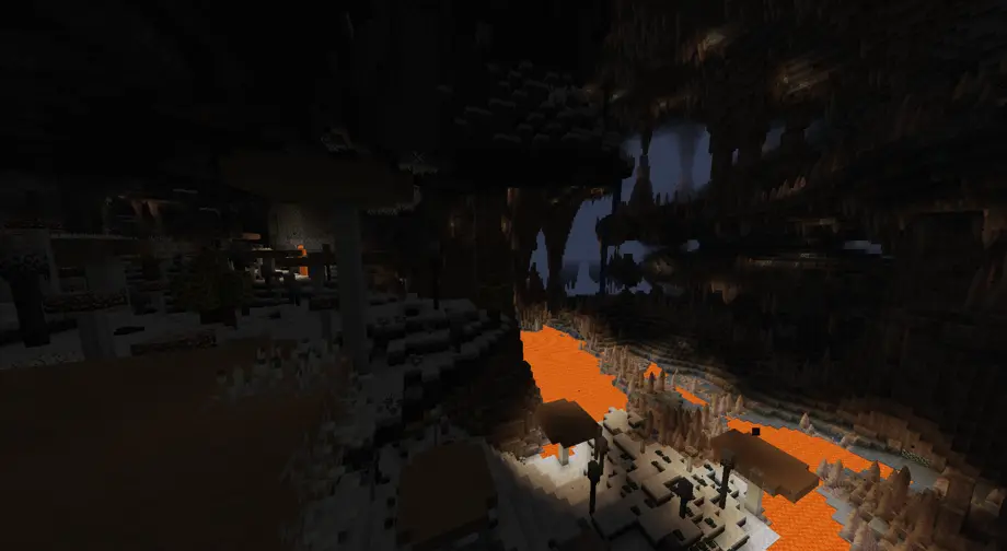 A spore forest, it is located within a massive cave, it is dark and only lit by a pond of lava at the bottom