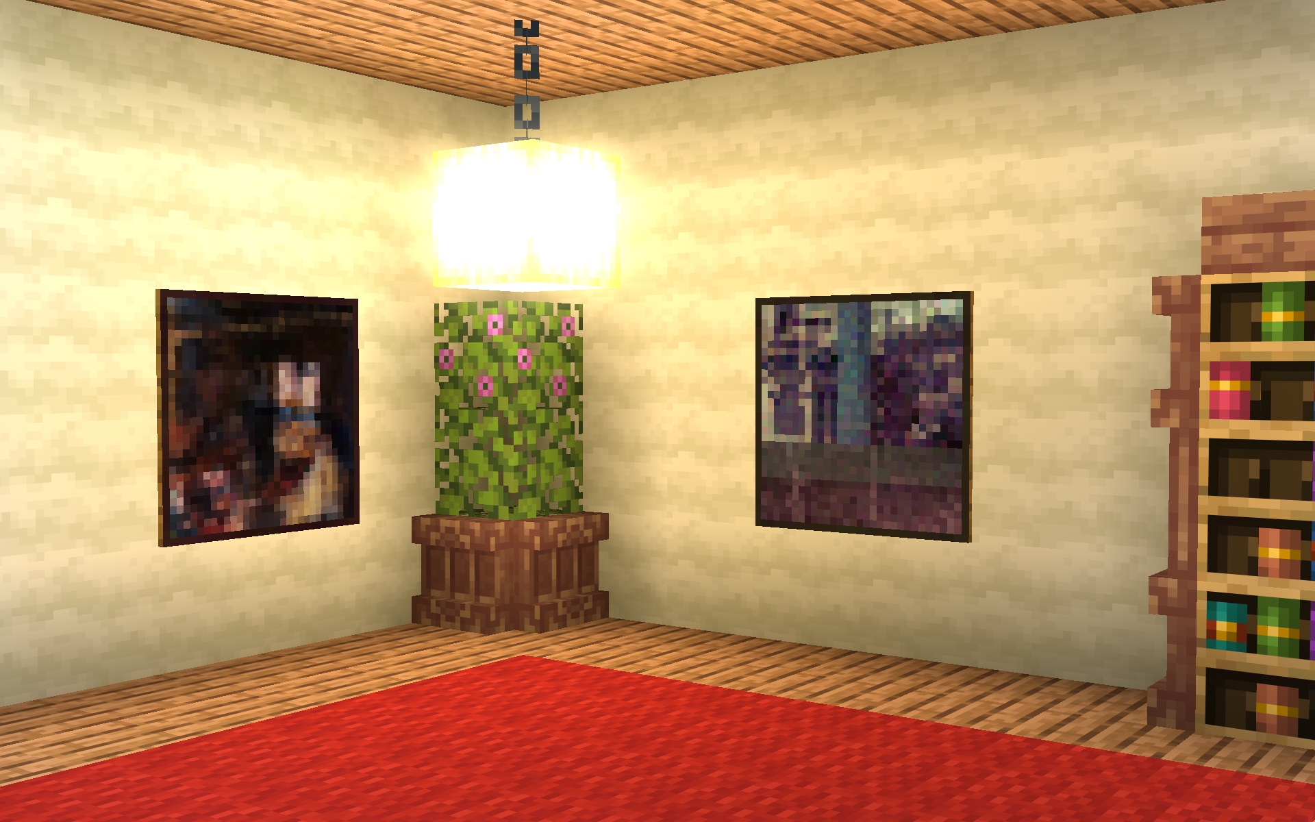 Medium paintings styling a warm room setup with carpet and potted greenery.