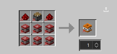 Six TNT all side by side on the bottom of the crafting table with a piston in the top middle and redstone dust on each side (horizontally) of the piston