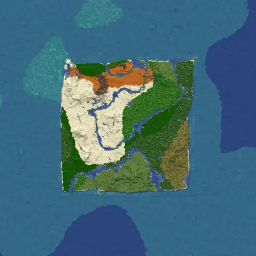 An overhead picture of a square island with wobbly borders surrounded by ocean.