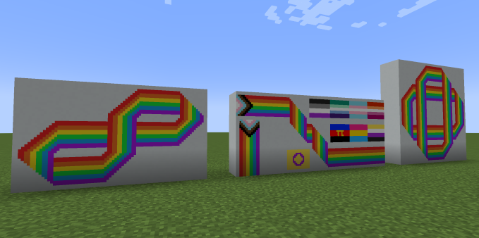 A showcase of the flags in this mod, with various flags placed on walls.