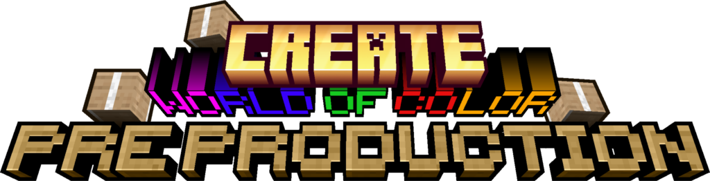 Minecraft style logo saying Create World of Color, Pre Production with cardboard boxes sitting on the logo