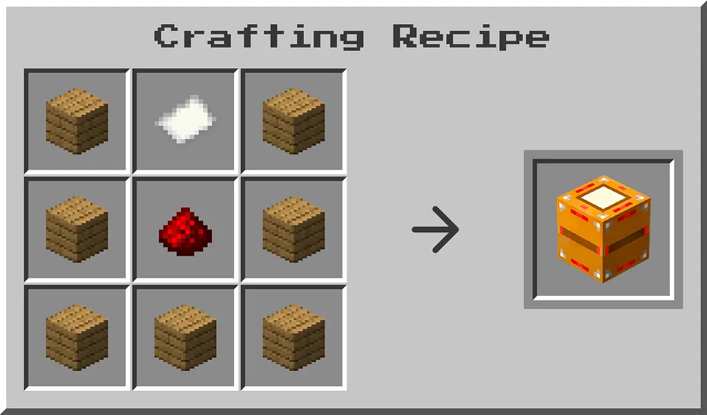 voxel generator minecraft recipe, features paper in the top-center, redstone in the center-center and oak planks filling every other position