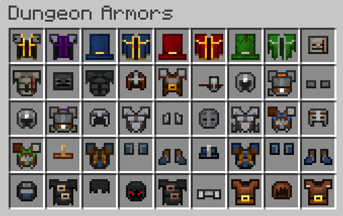 The creative mode page of the mod's armors. Showcasing the variety of choices.