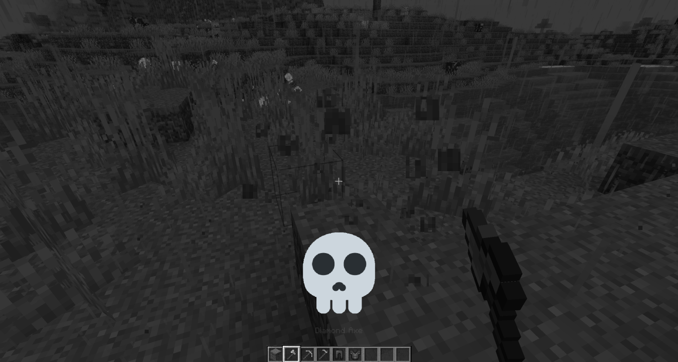 demostration of the mod, a grayscale image of minecraft with a skull on the lower thirds of the image