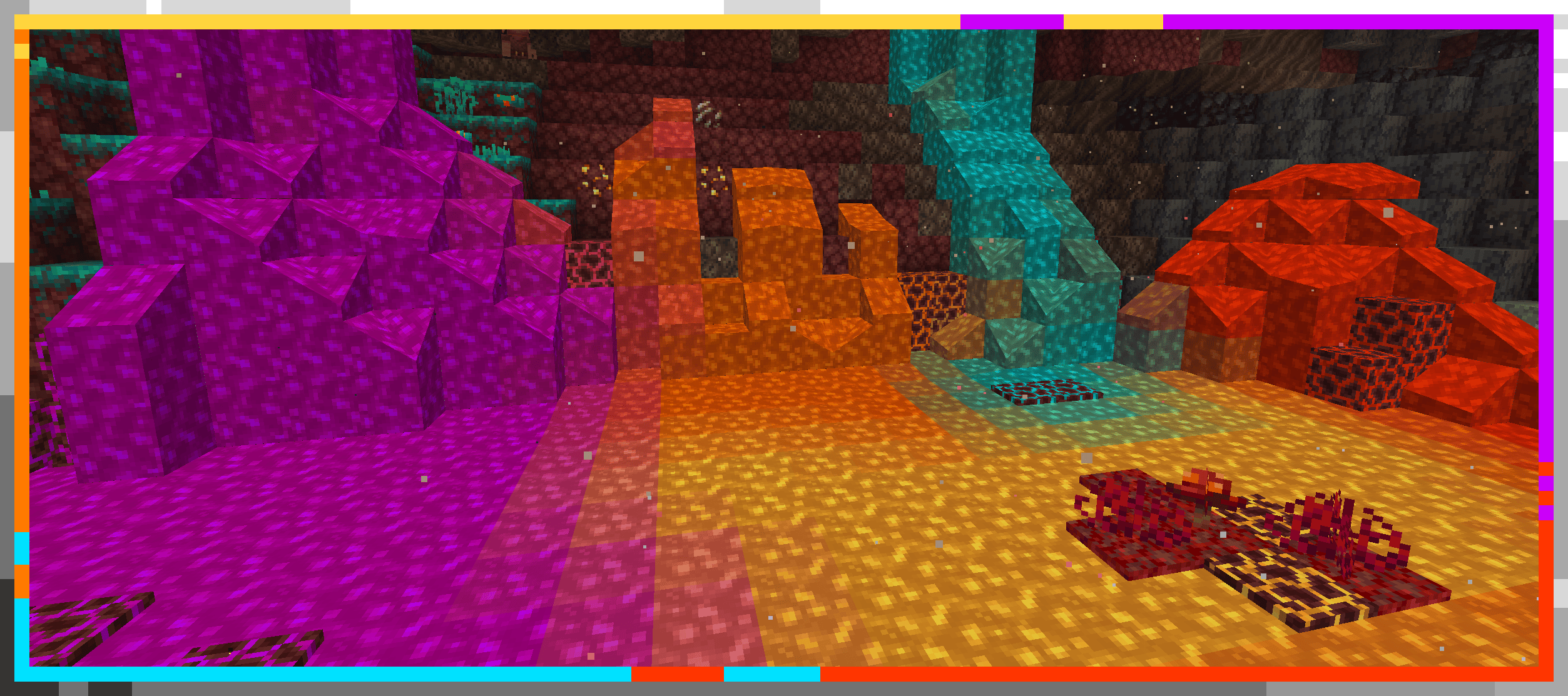 A banner including all 5 of the nether biome specific lava colors