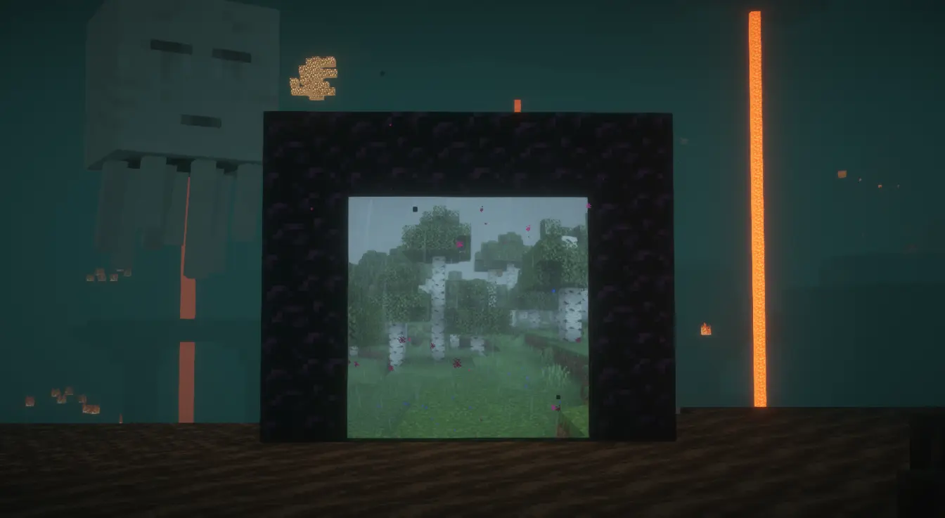 A portal in the Nether showing a birch forest