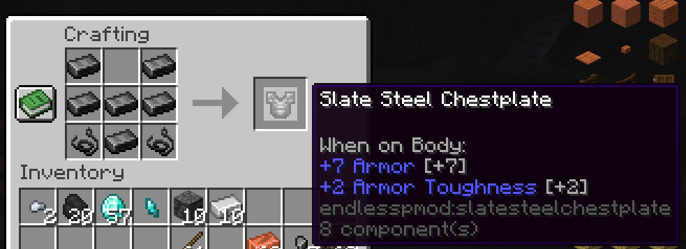 crafting recipe example and stats for the chestplate