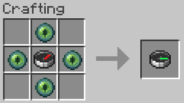 An ender compass is crafted using a crafting table with a compass at the center and four ender eyes above, below, left, and right of it.