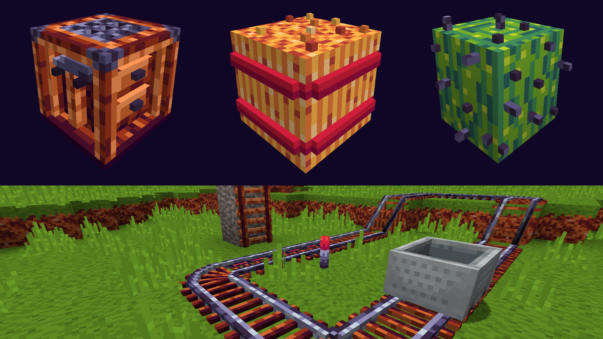 3D Crafting Table, Hay Block, Cactus and Rails