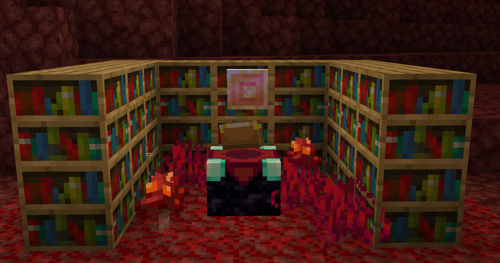 An enchanting table/bookshelf setup in the Nether with an enchanted Buckler displayed above.