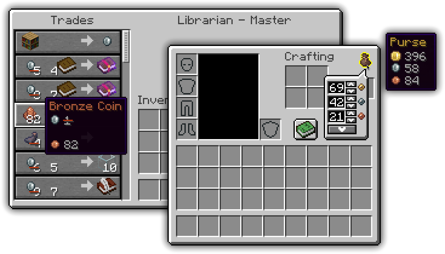 Inventory screen showcasing Coin Purse and Coins; aswell as the trade menu with Coins replacing the Emeralds.