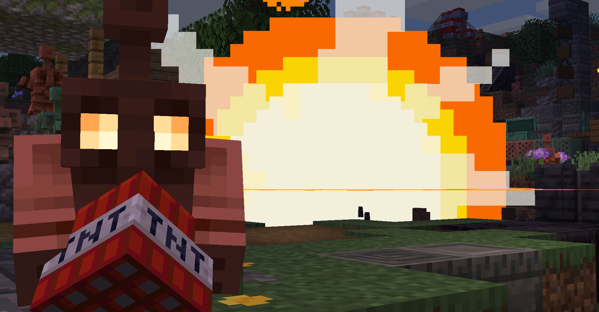 Copper Golem mischievously holding a block of TNT in front of an explosion.