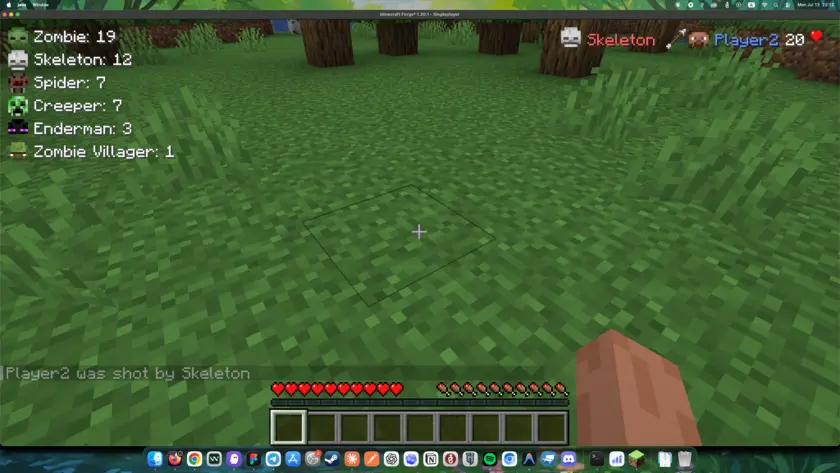 Krylix kill feed showing a Skeleton killing a player with a bow, including the mob's head icon, weapon icon, and the victim's remaining health, with the mob kill stats panel visible in the top-left corner.