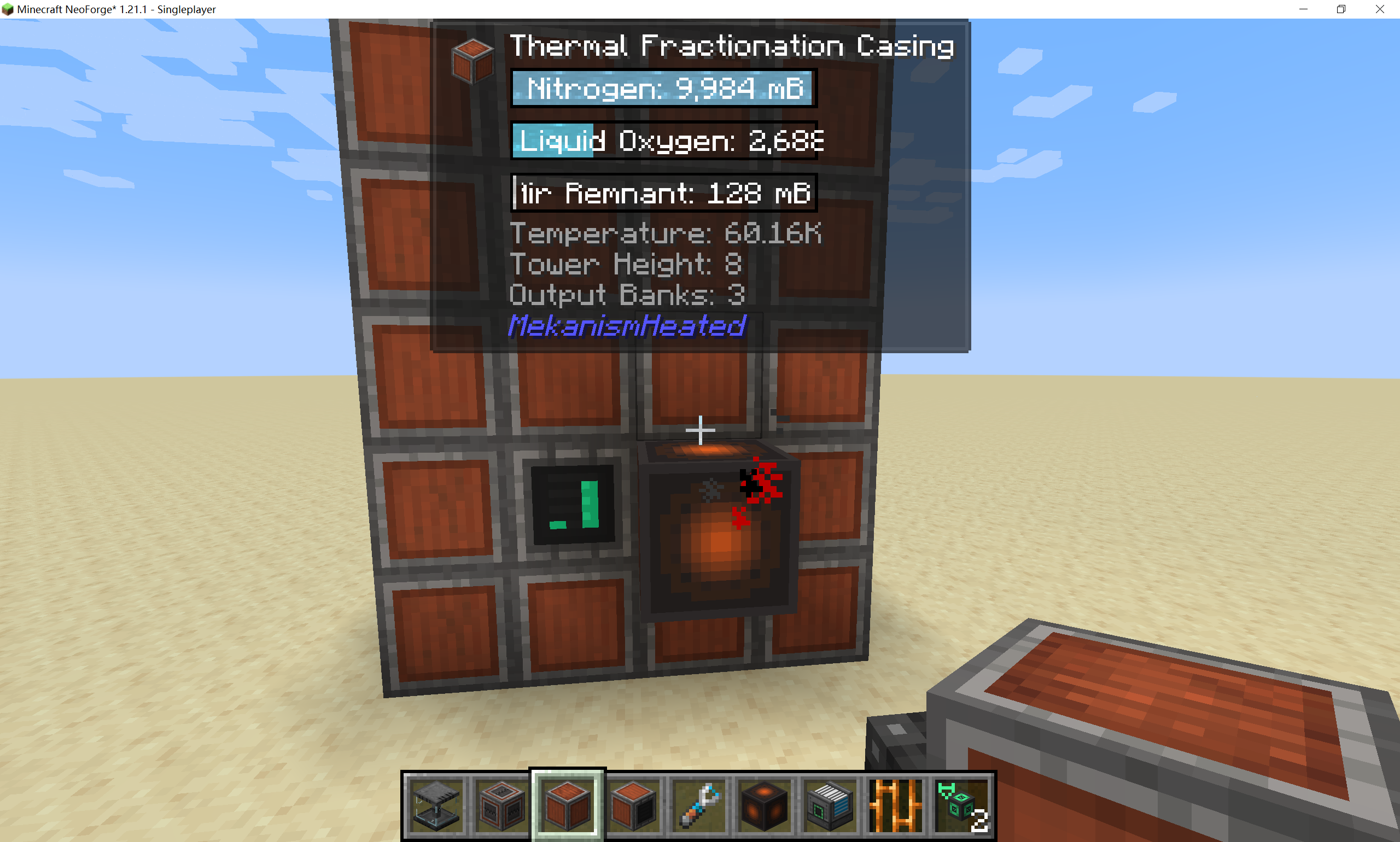 A fractionation tower with a creative heat source attached to it.