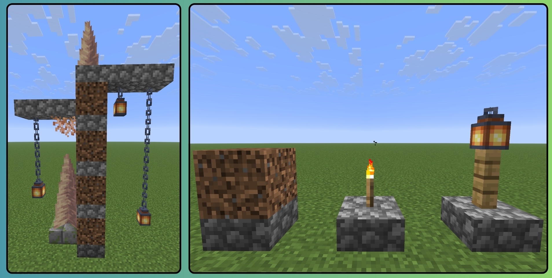 Two side-by-side Minecraft screenshots on a flat grassy world under a blue sky. The left image shows a tall cobblestone structure with staggered slab-height platforms, hanging chains and lanterns, and pointed dripstone. The right image shows three slab-supported examples: a dirt block resting on cobblestone, a torch standing on a cobblestone slab, and a lantern on a fence post set on another cobblestone slab.