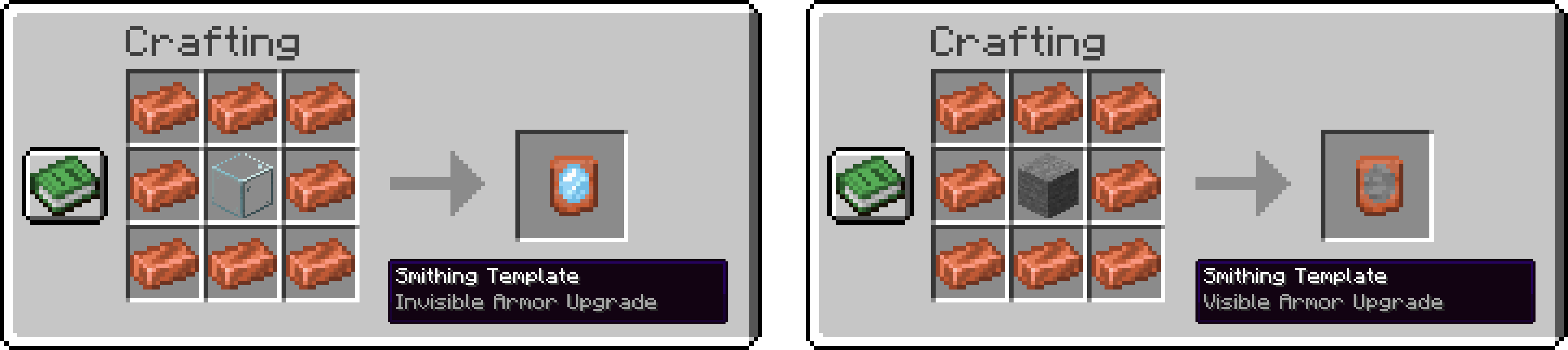 To craft an 'invisible armor smithing template,' you need to surround 1 glass block with 8 copper ingots // To craft an 'visible armor smithing template,' you need to surround 1 stone block with 8 copper ingots